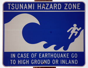 Tsunami warning sign in Santa Monica, California